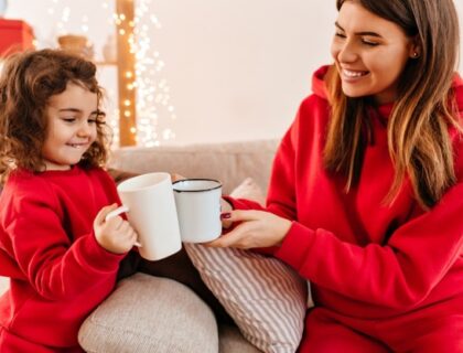 mom and daughter having coffee together