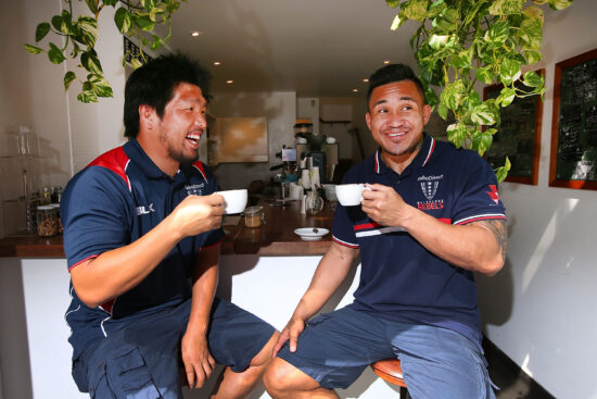 MELBOURNE, AUSTRALIA - MARCH 04:  Japanese Internationals and Rebels players Shota Horie (L) and new signing Male Sau get to experience the Melbourne coffee culture during a portrait session at RaboDirect on March 4, 2014 in Melbourne, Australia.  (Photo by Michael Dodge/Getty Images)