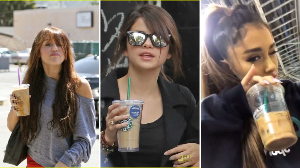 Image of Miley Cyrus, Selena Gomez and Ariana Grande drinking Starbucks Iced Coffee