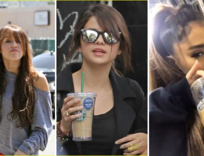 selena gomez, miley cyrus and ariana grand drinking starbucks coffee