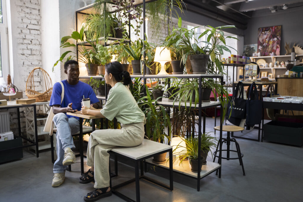 Third space coffee shop blending social, creative, and work environments